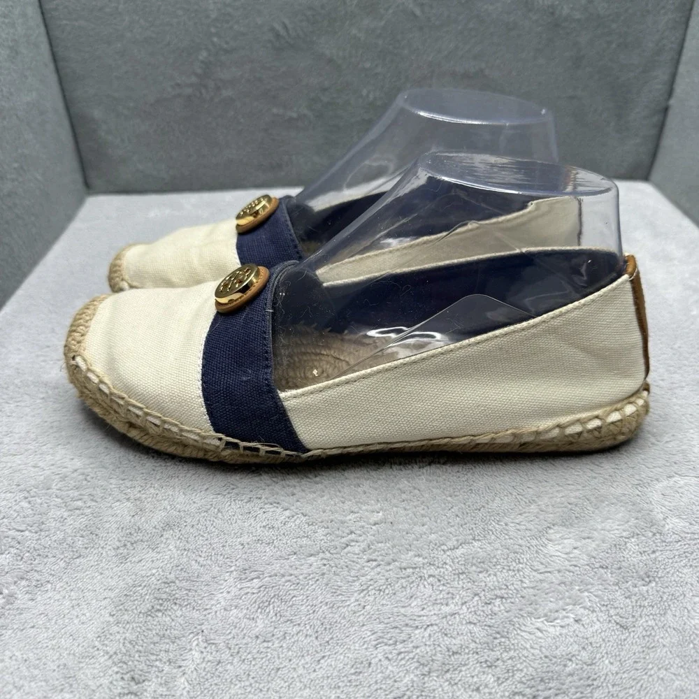 Tory Burch Beacher Espadrille Flats Ivory Navy Gold Logo Women's Size 7M